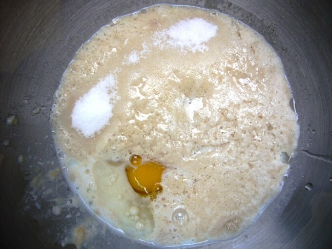 Yeast foamed up for making German blueberry bread