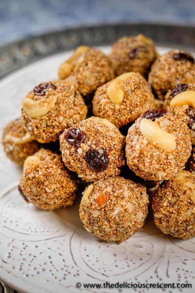 Close up view of the amaranth energy balls with dates