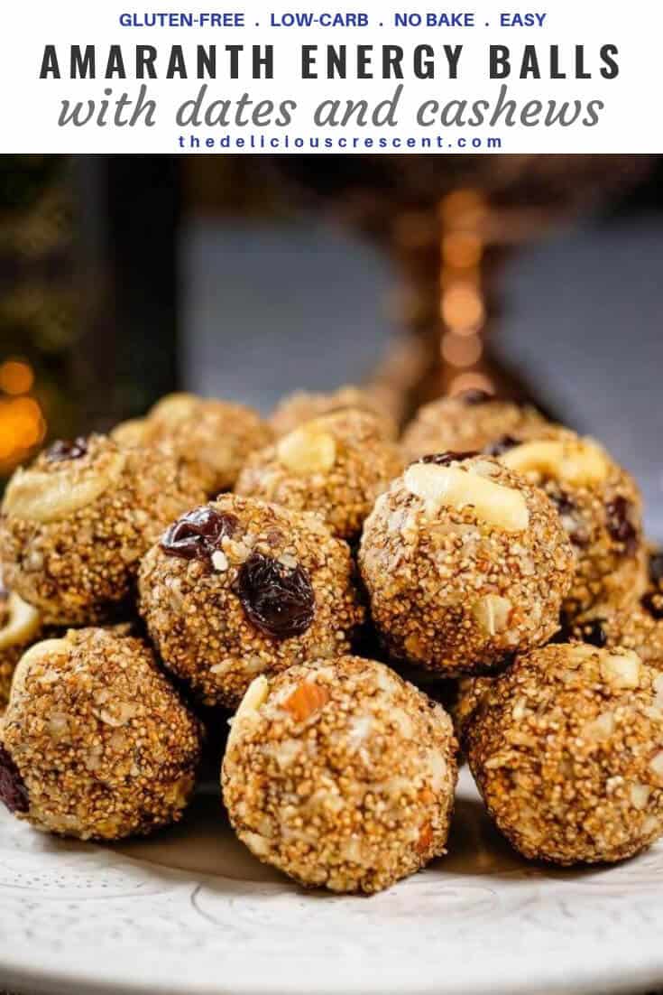 Amaranth energy balls with dates on a plate