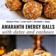 Different views of amaranth energy balls with dates served on a plate.