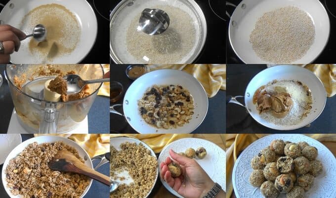 Amaranth energy balls with dates and cashew butter are no bake gluten free energy balls that are so delicious. These are perfect for a snack to give you a boost of energy or a great dessert-like energy bite. This healthy snack is low-carb, gluten-free, vegetarian, freezer friendly and easy to make. #thedeliciouscrescent #energyballs #healthysnacks #nobake Step by step preparation of amaranth energy balls with dates