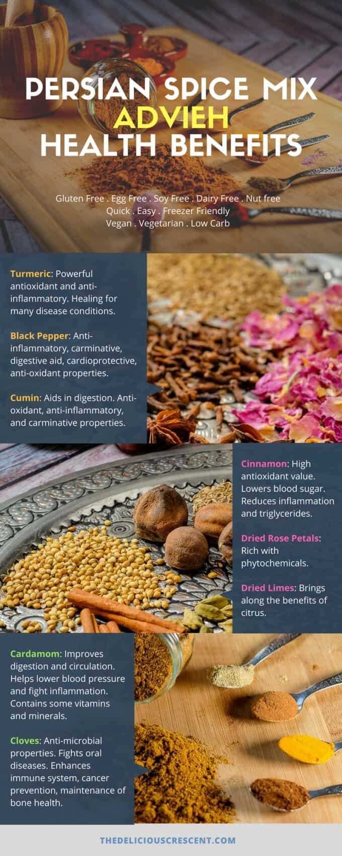 Advieh - warm, aromatic and easy homemade Persian spice mixes for spicing up all your Persian recipes. These advieh spice blend recipes are the best ever and quick to make. Easy to store and use for a variety of Iranian recipes such as rice pilafs, grilled meats, chicken, stews, vegetables, frittatas, soups, pickles and more. You may also use this vegan, gluten free, nut free and freezer friendly spice mix for other middle eastern recipes. #spice #Persianfood The health benefits of the spice ingredients in advieh, the Persian spice mix
