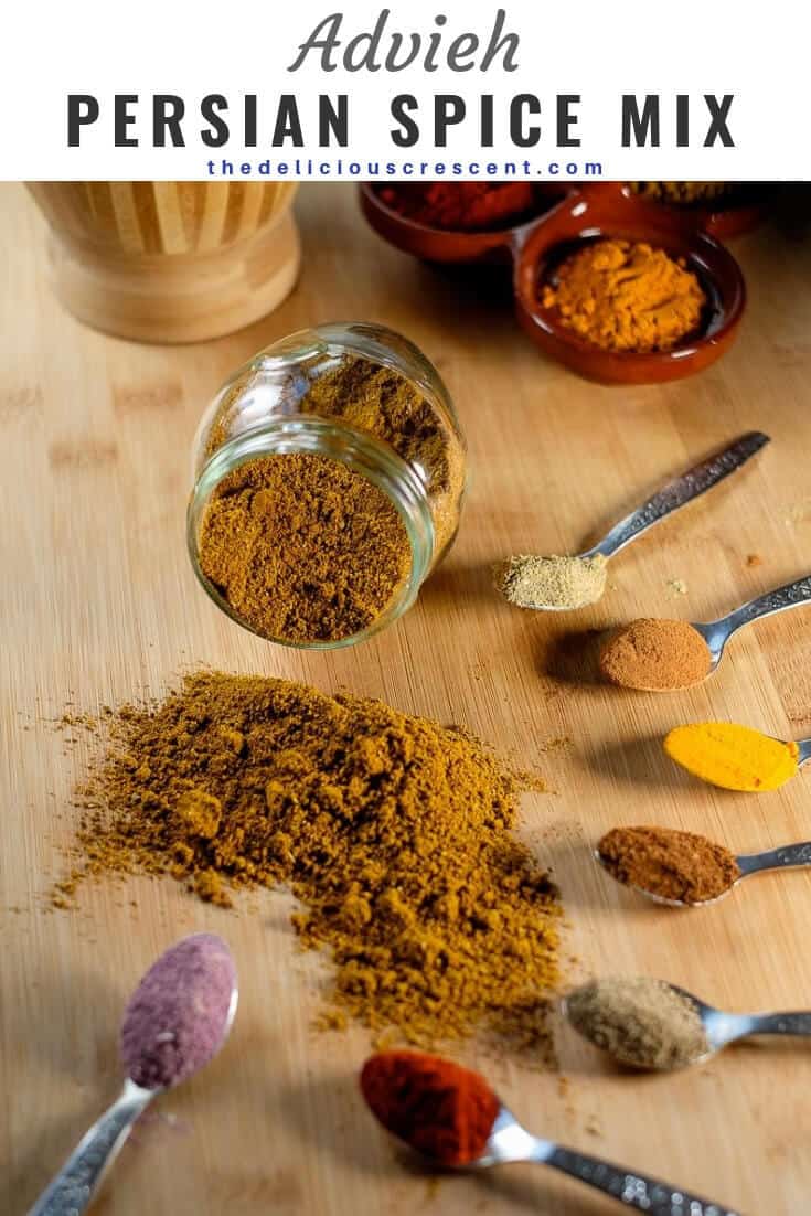 Advieh - warm, aromatic and easy homemade Persian spice mixes for spicing up all your Persian recipes. These advieh spice blend recipes are the best ever and quick to make. Easy to store and use for a variety of Iranian recipes such as rice pilafs, grilled meats, chicken, stews, vegetables, frittatas, soups, pickles and more. You may also use this vegan, gluten free, nut free and freezer friendly spice mix for other middle eastern recipes. #spice #Persianfood Assortment of ground spices used to make Advieh, the Persian spice blend.