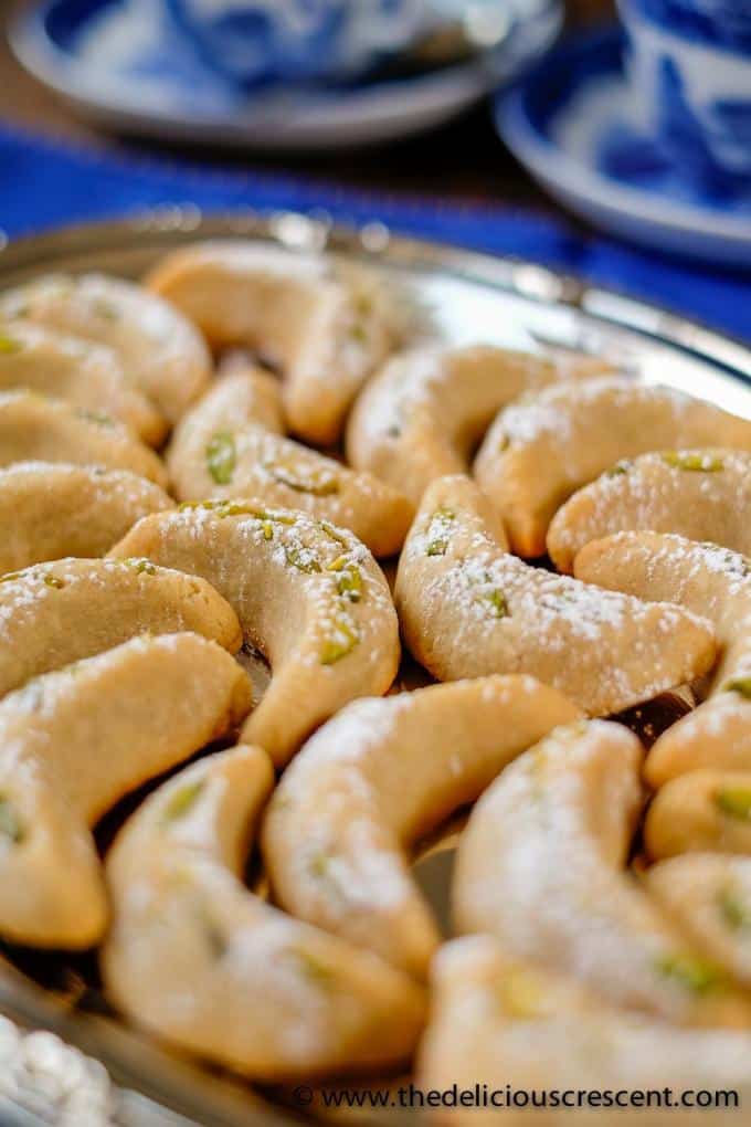 German vanilla crescent cookies also known as vanillekipferl, placed close together on a plate.