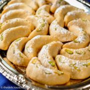 German vanilla crescent cookies also known as vanillekipferl, served on a plate.