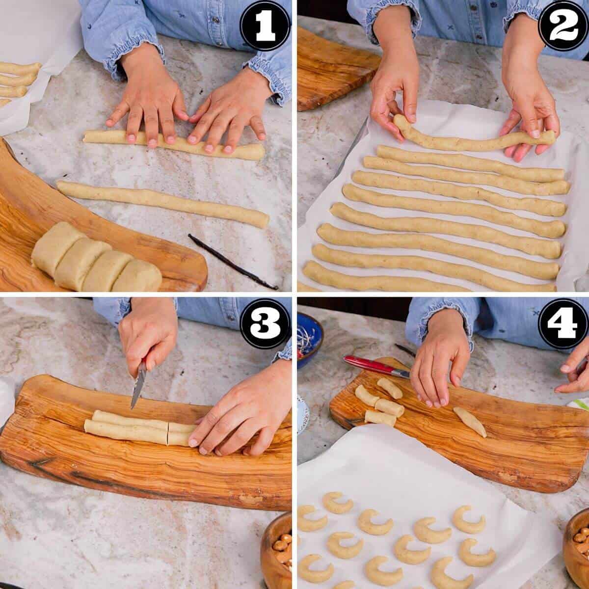Shaping the vanilla crescent cookies.