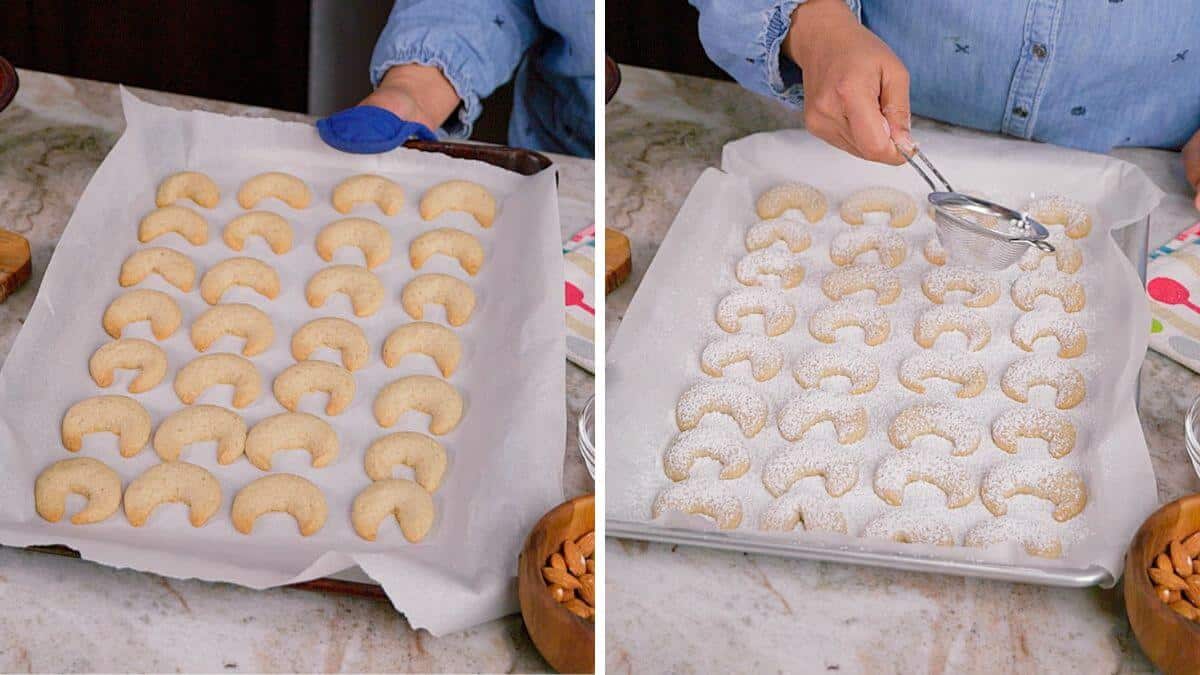 Dusting baked cookies with vanilla sugar.