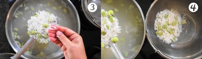 Checking the rice for doneness and draining the rice and lima beans in a colander for making Persian dill rice.