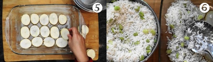 Laying potato slices to make the crust and placing the first layer of basmati rice for Persian dill rice.