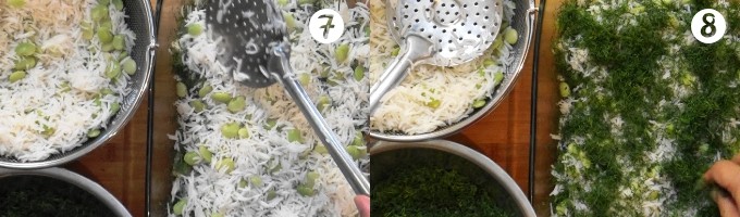 Making alternate thin layers of basmati rice with lima beans and dill weed for baghali polo.