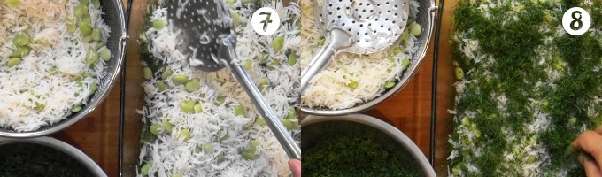 Making alternate thin layers of basmati rice with lima beans and dill weed for baghali polo.