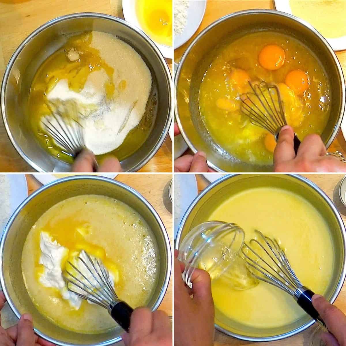 Creaming ghee, sugar and adding eggs, yogurt.