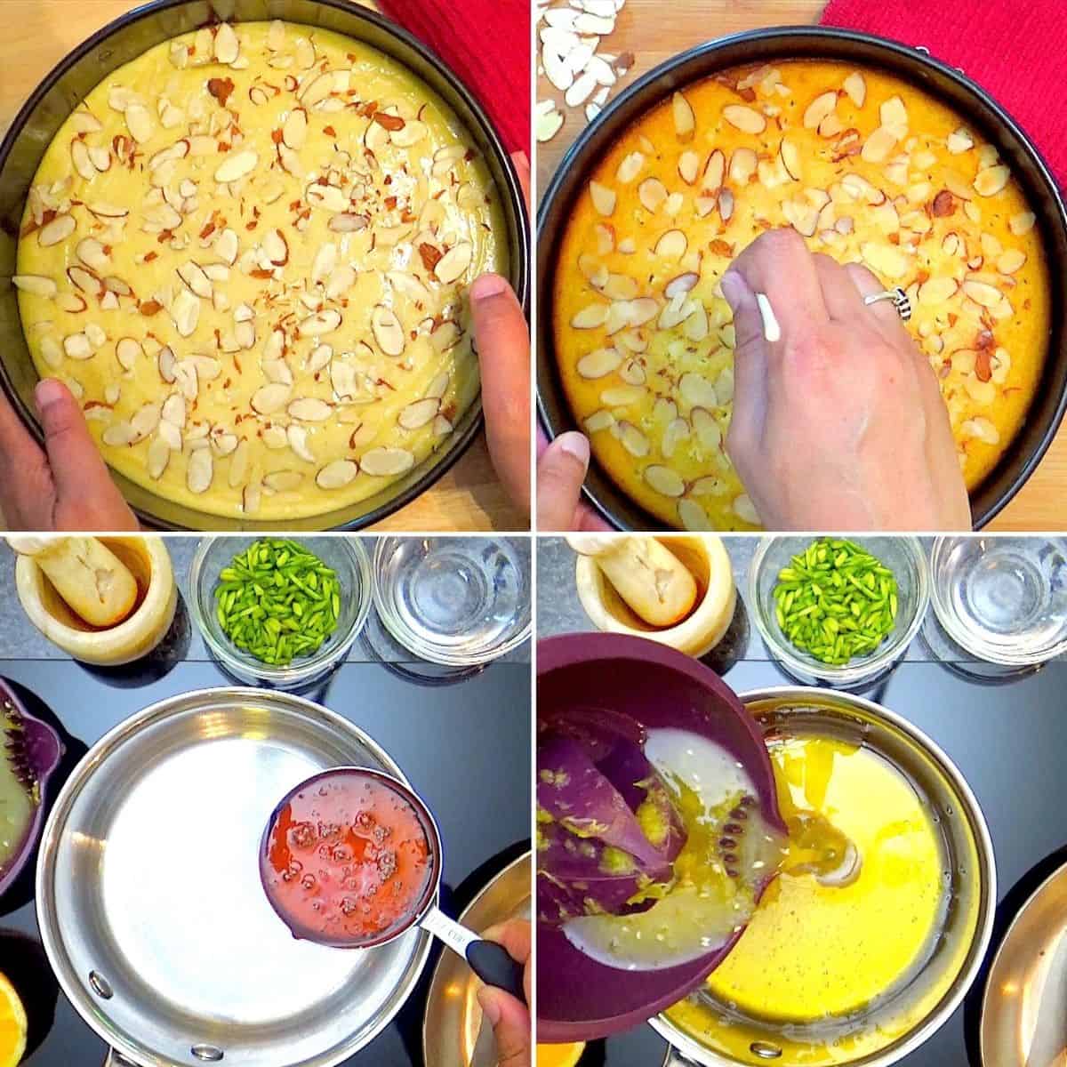 Topping the batter with almonds and making syrup.