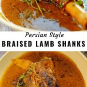 Braised lamb shanks slowed cooked with Persian spices and served with rice.