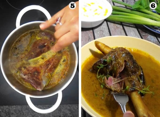 Braised lamb shanks slow cooked in an aromatic sauce with Persian spices, saffron, lemon juice and herbs makes a spectacular feast. The braising technique will give you succulent lamb with fall-off-the-bone tender meat in an amazingly delicious sauce! Let me show you how to cook lamb shanks in cast iron skillet or dutch oven with this easy middle eastern recipe. Including tips for cooking in oven or crockpot. #lambshanks #Persianfood Bringing the lamb shank sauce to a boil and simmer. Checking the doneness of braised lamb shanks.