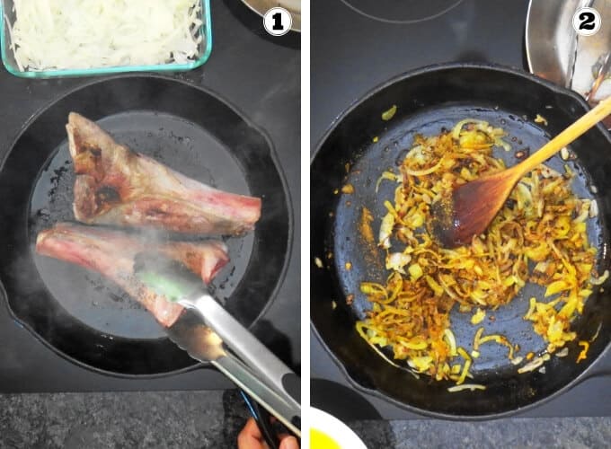 Braised lamb shanks slow cooked in an aromatic sauce with Persian spices, saffron, lemon juice and herbs makes a spectacular feast. The braising technique will give you succulent lamb with fall-off-the-bone tender meat in an amazingly delicious sauce! Let me show you how to cook lamb shanks in cast iron skillet or dutch oven with this easy middle eastern recipe. Including tips for cooking in oven or crockpot. #lambshanks #Persianfood Braising of lamb shanks and sauteing of onions with addition of spices.