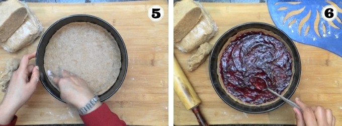 Making the base of the Linzer torte and spreading jam over it.