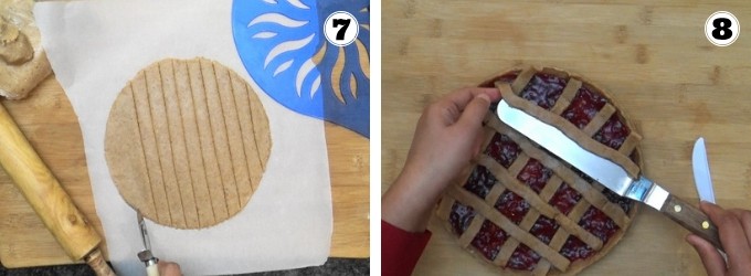 Cutting strips of Linzer torte and placing it in a lattice pattern over the jam layer.