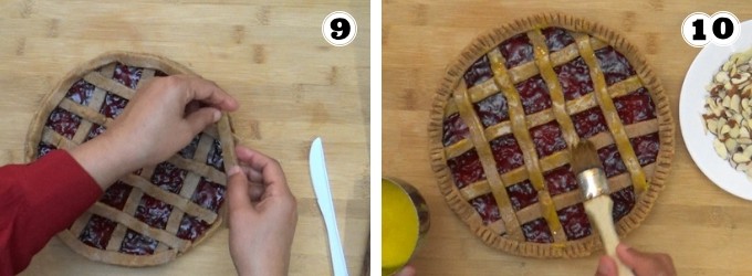 Finishing the outer edge of the Linzer torte and brushing with egg wash.