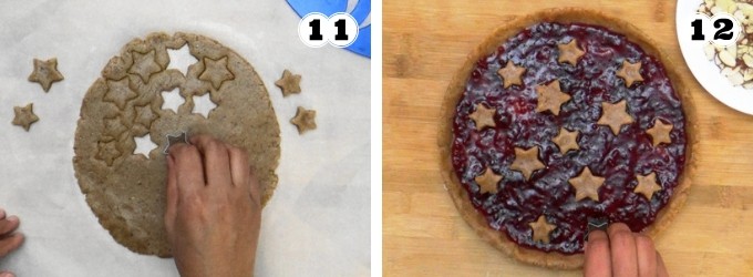 Cutting out star shapes in the Linzer torte dough and using that to decorate the torte.