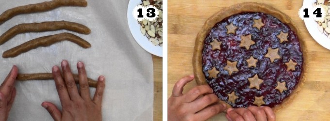 Rolling out small rope shapes with Linzer torte dough to make the outer edge of the Linzer torte.