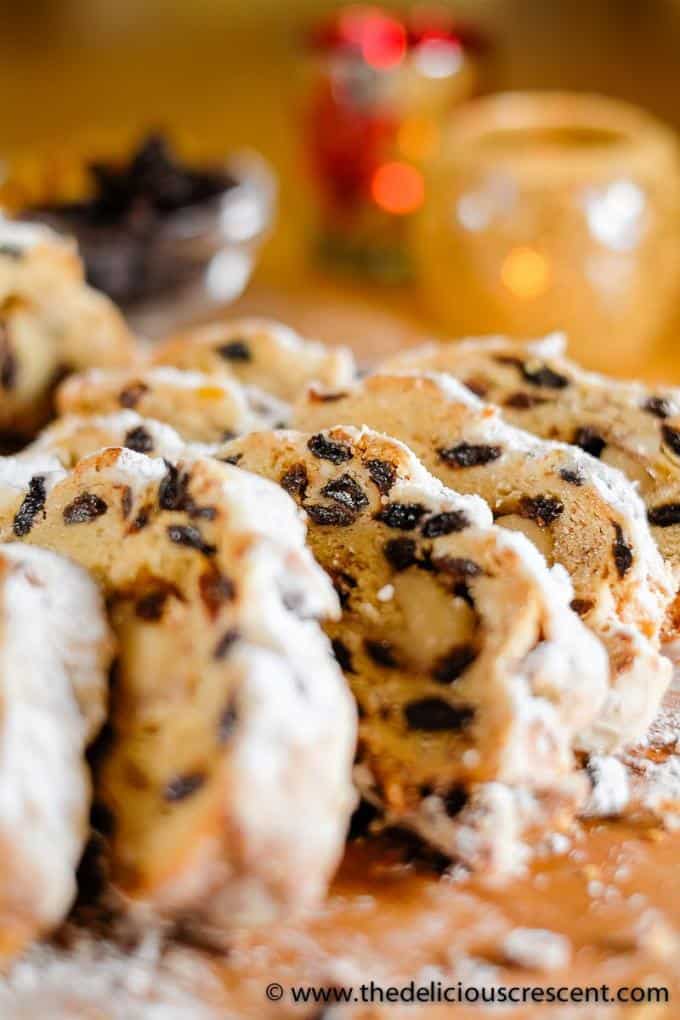Close up view of stollen slices stacked together.