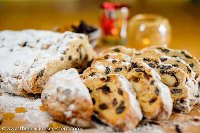 Front view of German stollen slices.
