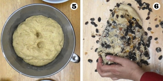Adding the dried fruit and nuts to the stollen dough.