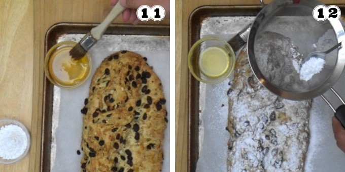 Brushing melted butter and dusting powdered sugar to make the stollen coating.