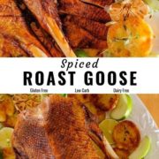 Different views of roast goose placed on a white serving platter with potatoes.