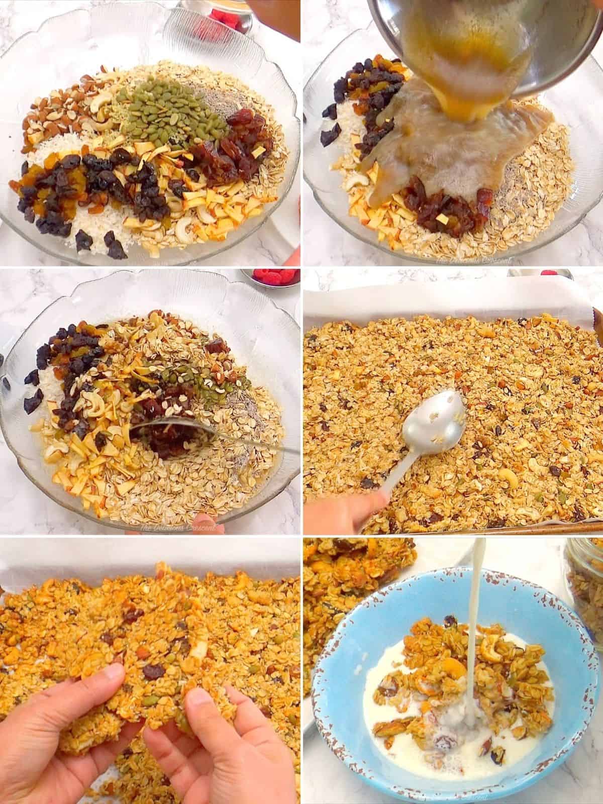 Step by step preparation of granola with cashews and cardamom.