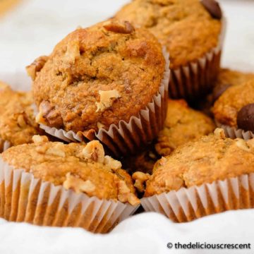 Oatmeal banana muffins placed in a basket.