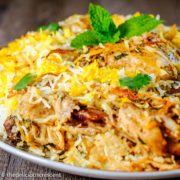 Chicken biryani served in a plate.