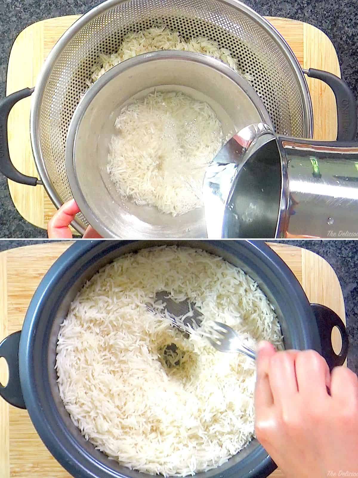 Rinsing rice and cooking in rice cooker.