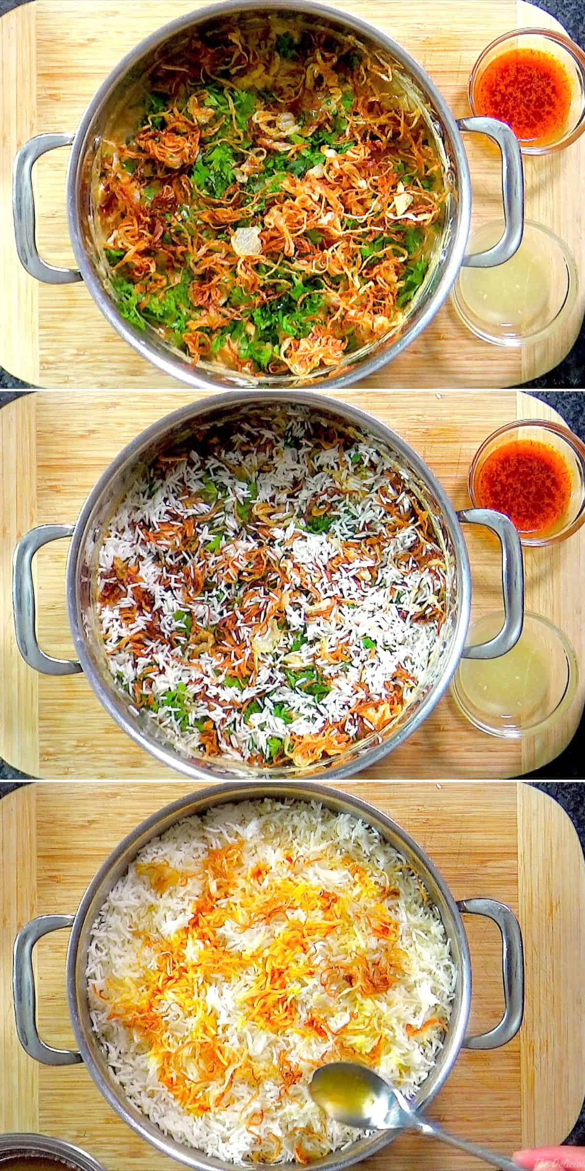 Assembling rice and marinated chicken in layers.