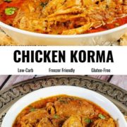 Different views of delicious chicken korma served in a white bowl.