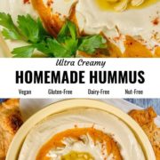 Different views of ultra creamy hummus served in a bowl.