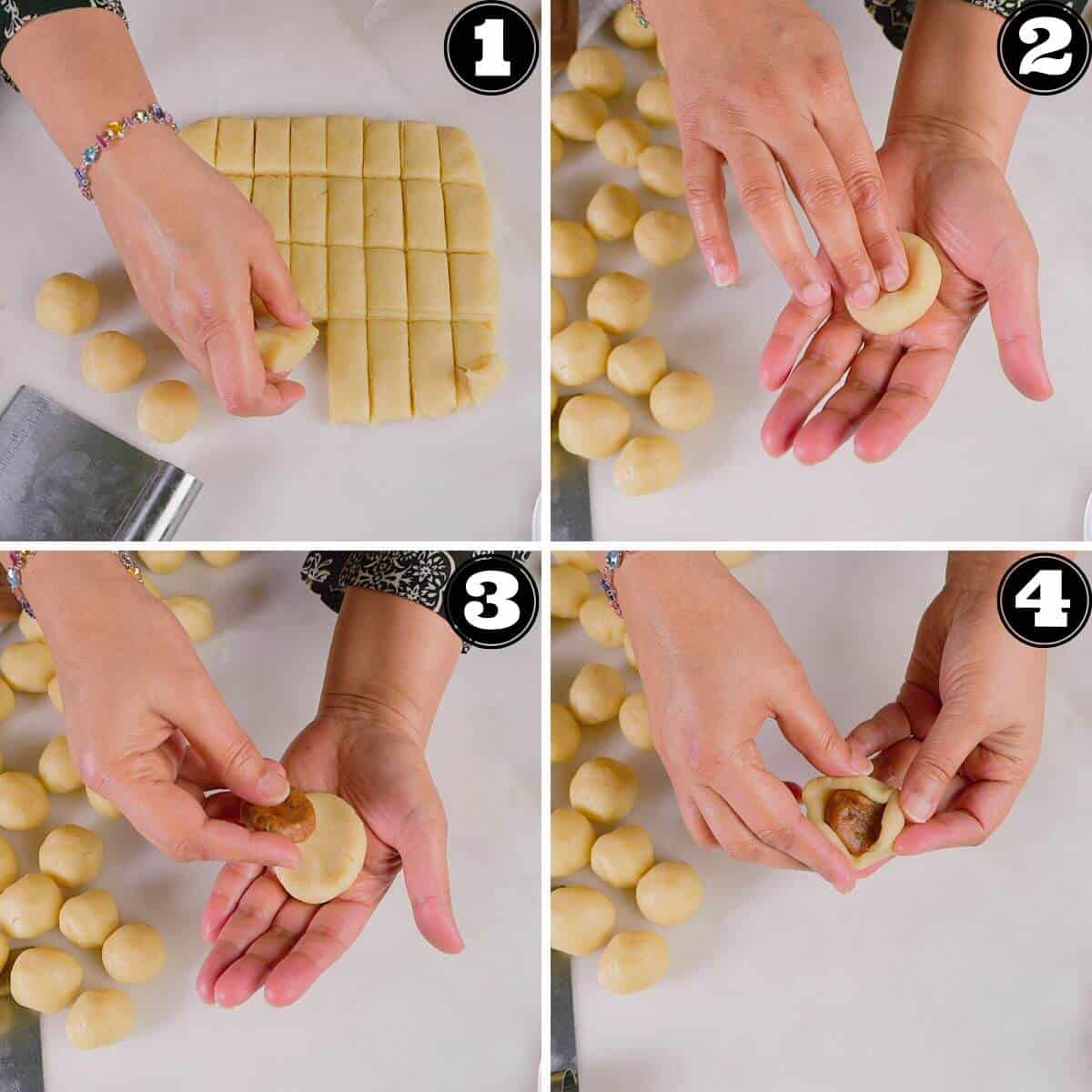 Shaping cookies with the filling.