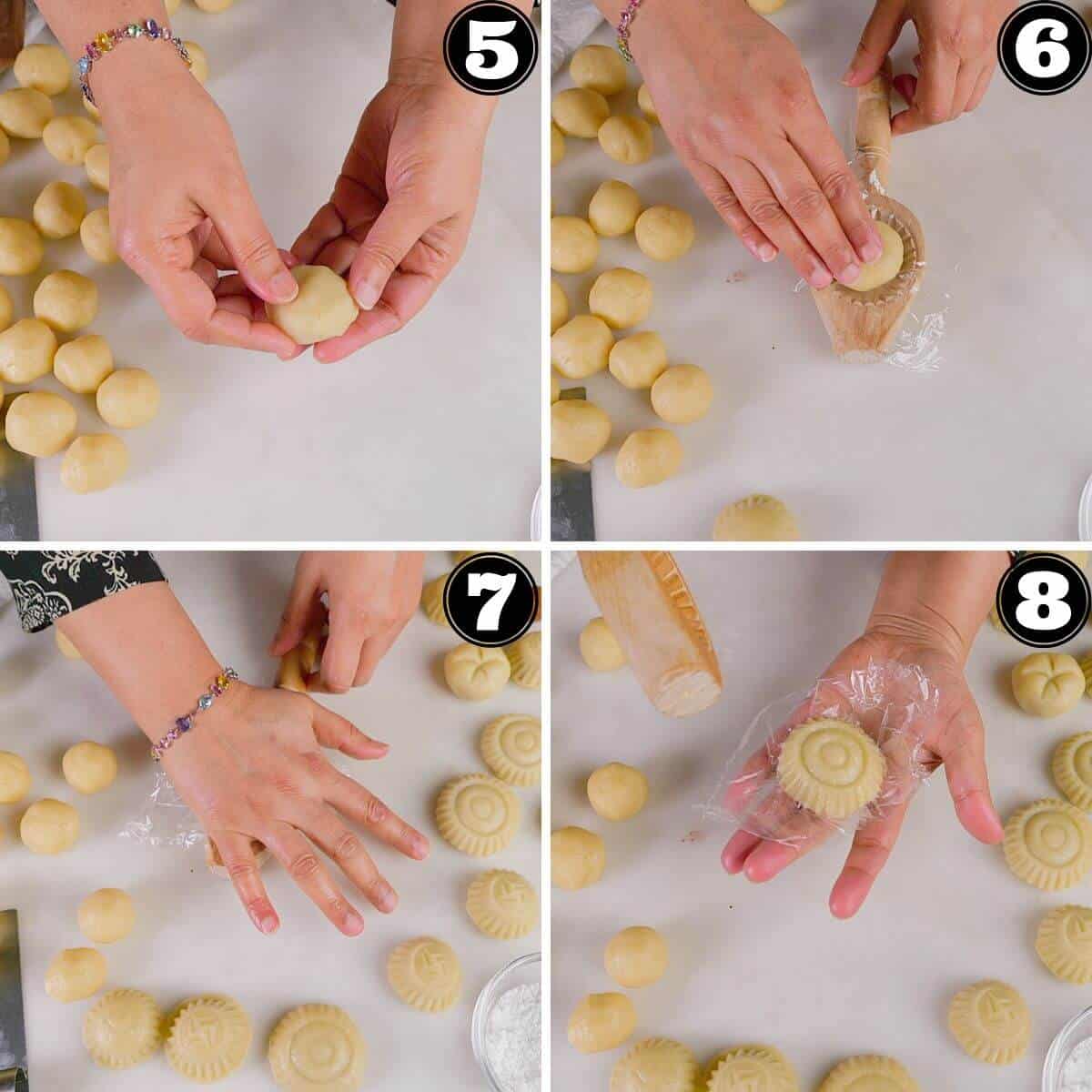Pressing dough into cookie mold to create pattern.
