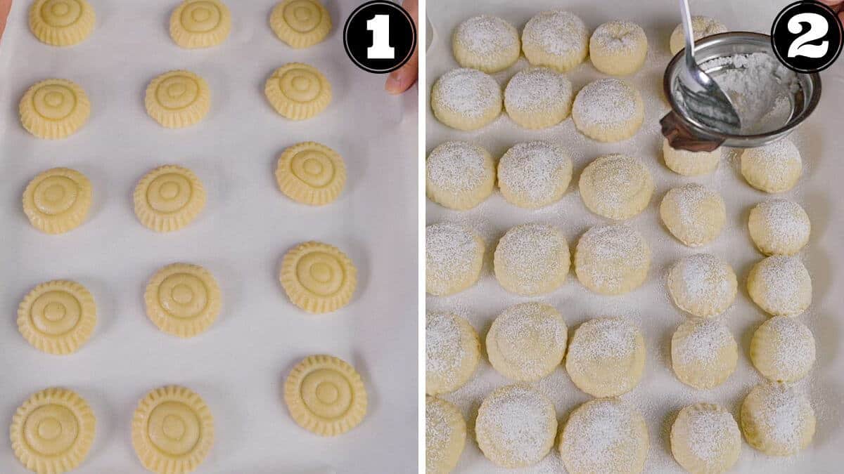 Baking maamoul cookies and dusting with powdered sugar.
