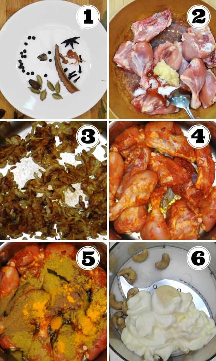 Step by step preparation of ground spices, fried onions, chicken marination and korma paste.