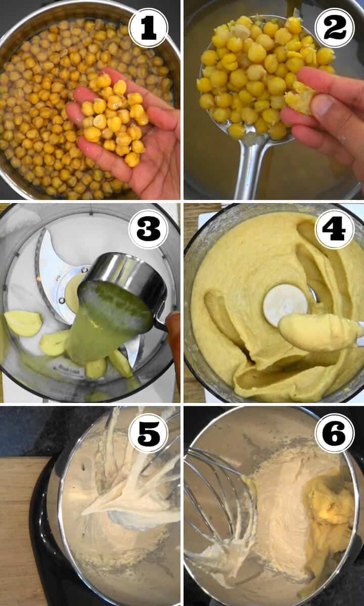 Step by step preparation of creamy hummus by using whipped tahini.