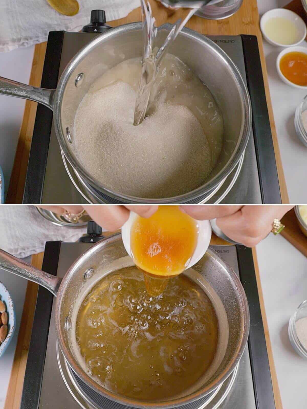 Syrup being prepared with sugar and honey.