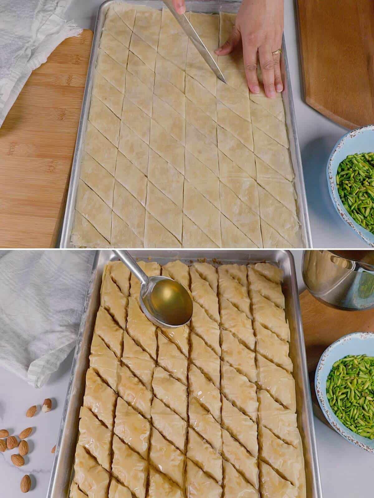 Assembled pastry being cut and then syrup poured on top.