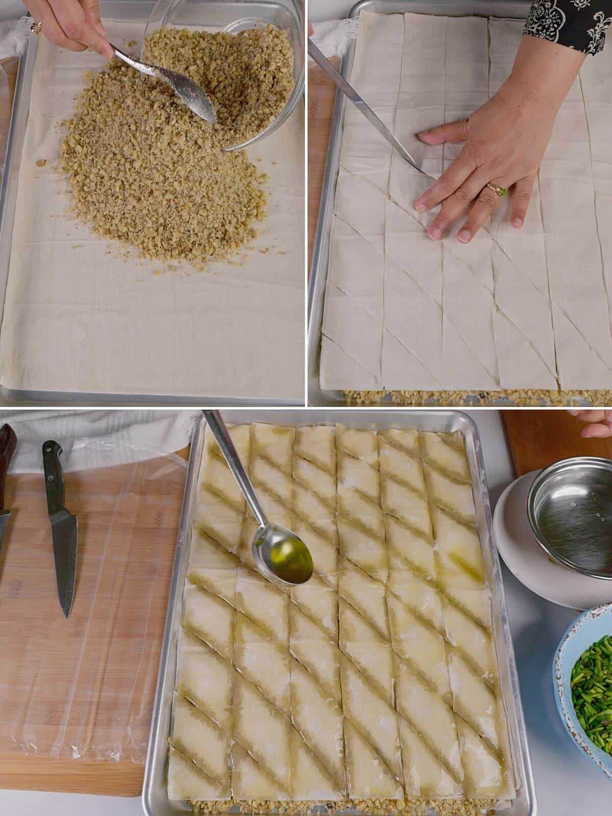 Quick method of assembling baklava layers.