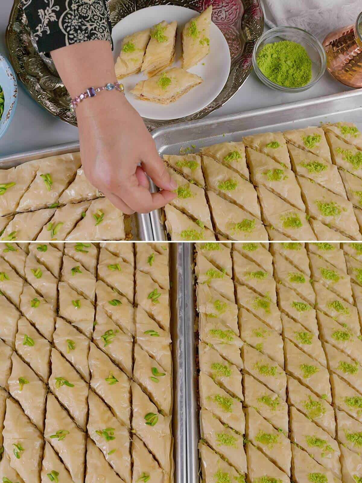 Pistachios being used to decorate the middle eastern pastry.