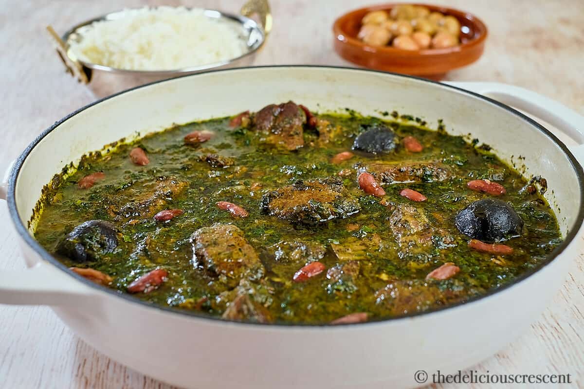 Ghromeh sabzi served with rice.