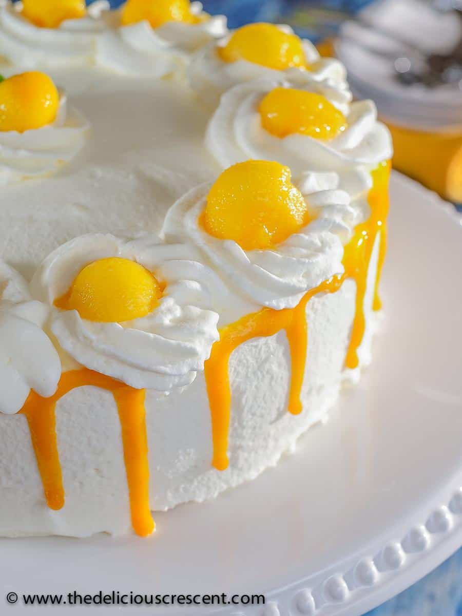 Front view of a mango layer cake