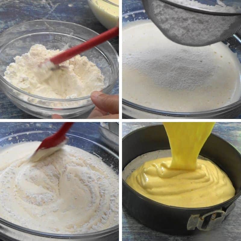 Flour mixed into whisked eggs to make easy sponge cake.