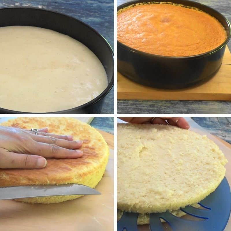 Finished sponge cake being cut into three layers.